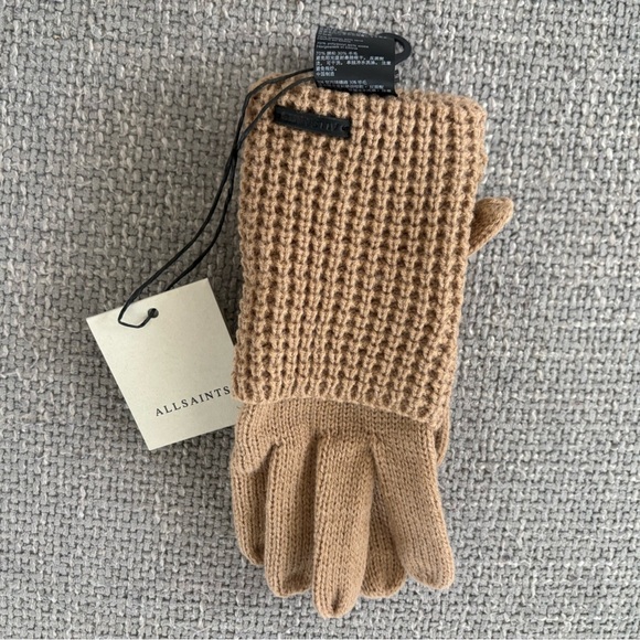 ALLSAINTS Mixed Stitch Wool Gloves – Camel Beige – One Size - Picture 5 of 5
